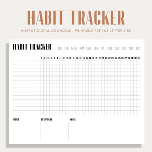 May include: A printable habit tracker with a monthly calendar grid, sections for goals, reminders, and notes. The calendar grid includes the months of January through December and the days of the month 1 through 31.