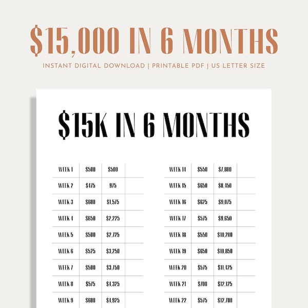 15K Savings Challenge, Savings Tracker, Money Challenge, 26 Weeks, 6 Months, Digital Download PDF, Printable