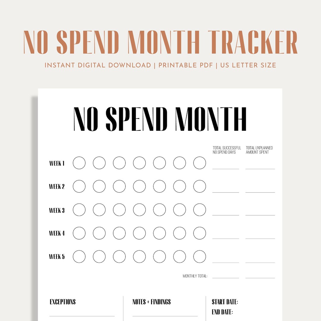 No Spend Month, No Spend Challenge, Tracker, Monthly, 30day No Buy