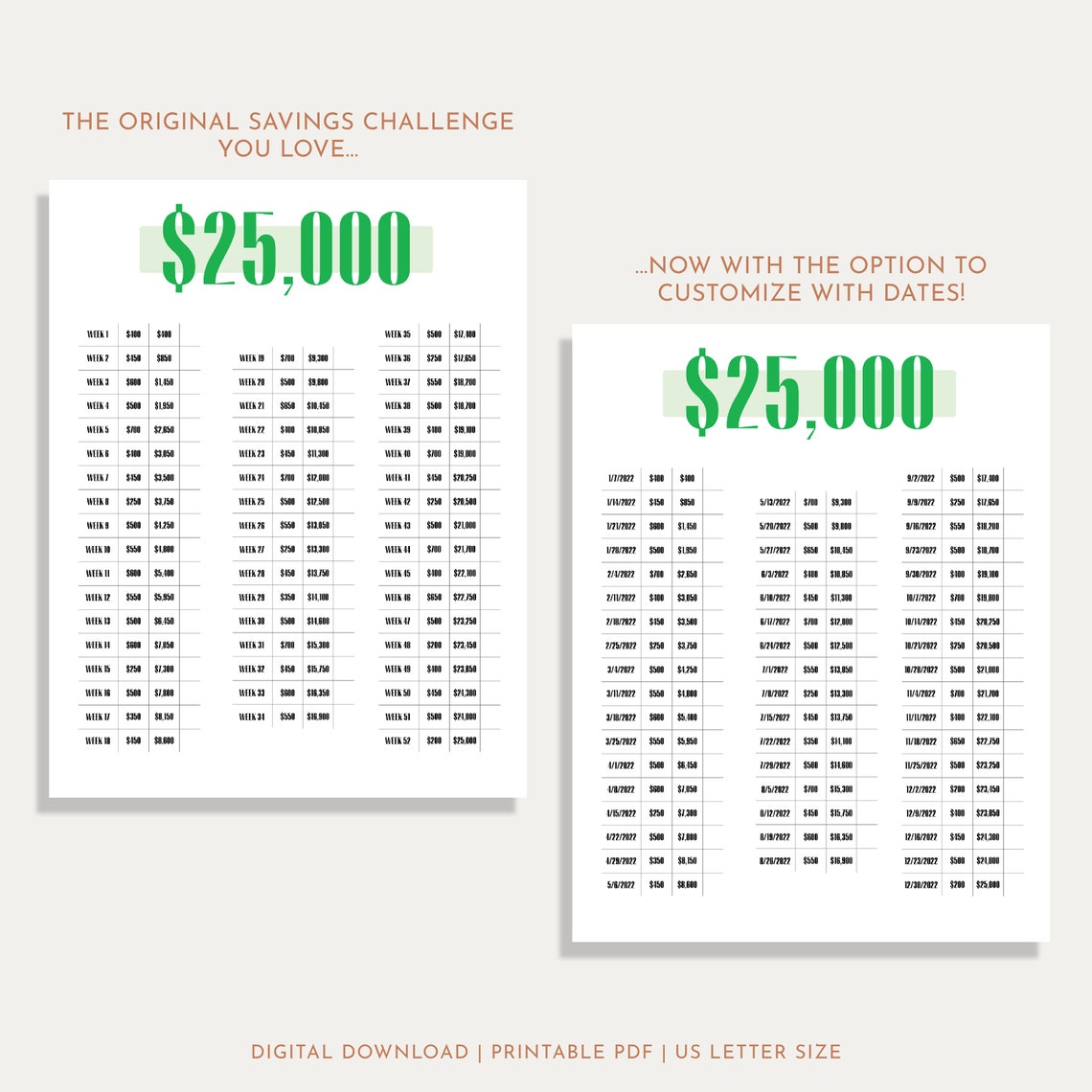 Personalized 25K Savings Challenge, Savings Tracker, Money Challenge, Custom With Dates, 52