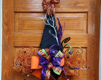 Halloween witches hat door hanger,  the witch is in door decor, witch hat porch decor, all Saints Day front door hanger
