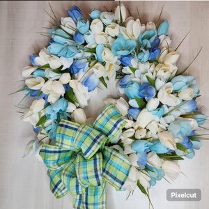 Spring tulip wreath for front door,Blue and white tulips with a big plaid bow Easter,Spring,and Summer decor