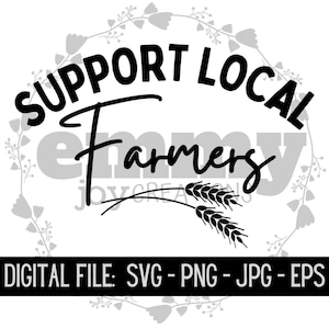 Puede incluir: Diseño gráfico en blanco y negro con una corona de flores alrededor del texto "Apoya a los agricultores locales" con espigas de trigo debajo del texto.