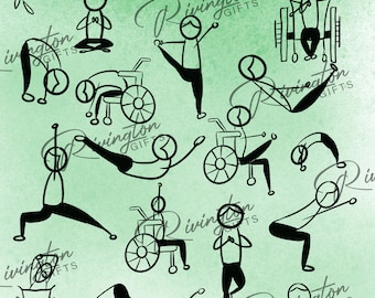 Può includere: Un'illustrazione digitale di figure stilizzate in varie pose di yoga, alcune in sedia a rotelle. Lo sfondo è un acquerello di colore verde chiaro. Il testo "Rivington Gifts" appare più volte nell'immagine.