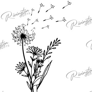 May include: Black and white line art illustration of a dandelion with seeds blowing in the wind. The dandelion is part of a bouquet of wildflowers, including daisies and grasses. The image includes the text "Rivington Gifts".