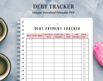 May include: A printable debt payment tracker with columns for date, debt name, interest rate, starting balance, amount paid, ending balance, and paid off. The tracker has a white background with black text and a pink dot at the top.
