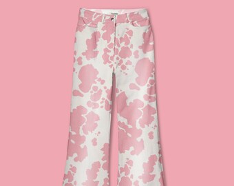 Girls Denim Pink Trendy Cow Print Flare Bottom Jeans
