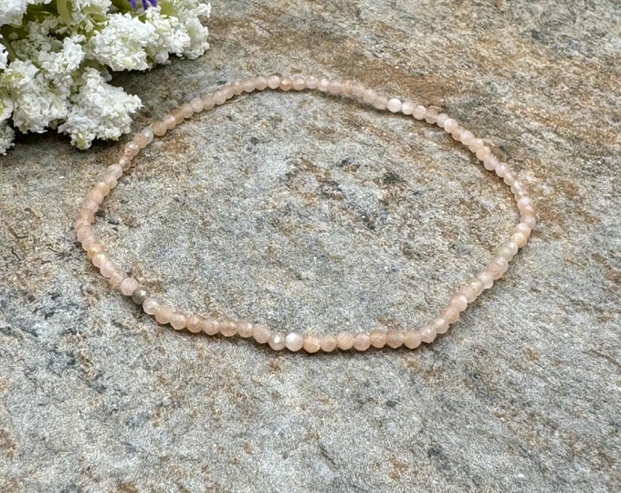 2mm Peach Moonstone Crystal Bead Stretch Bracelet, 7.5", Faceted Gemstone Jewelry