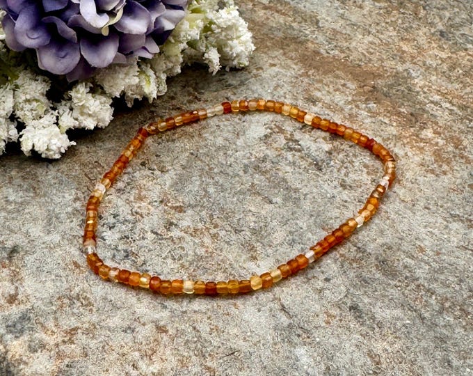 2mm Carnelian Crystal Bead Stretch Bracelet,  7.5”, Orange Cube Cut Gemstones