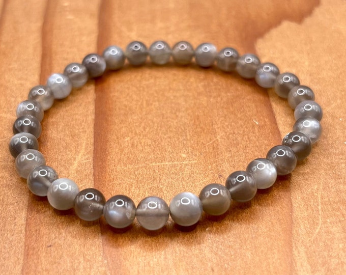 6mm Black Moonstone Crystal Bead Bracelet - Stunning Stretch Bracelet, 7.5 - Unisex Sizable Jewelry