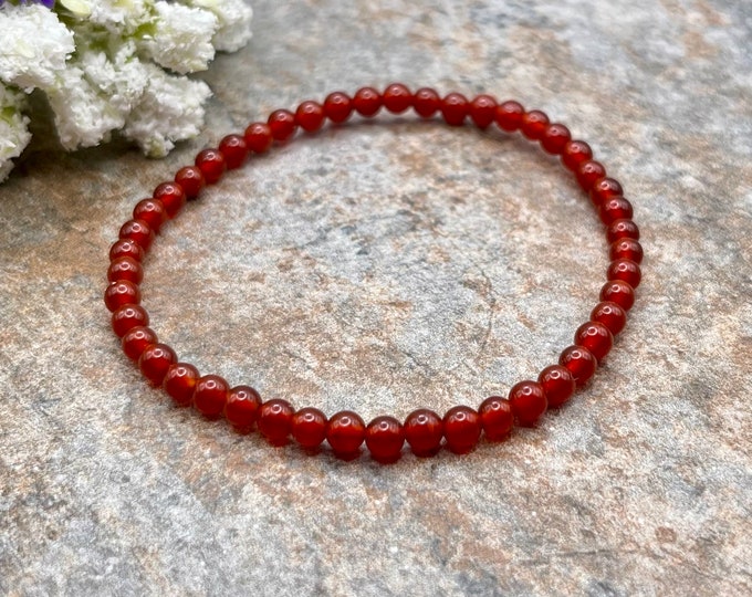 4mm Red Carnelian Crystal Bead Bracelet, Gemstone Stretch Jewelry, 7.5”