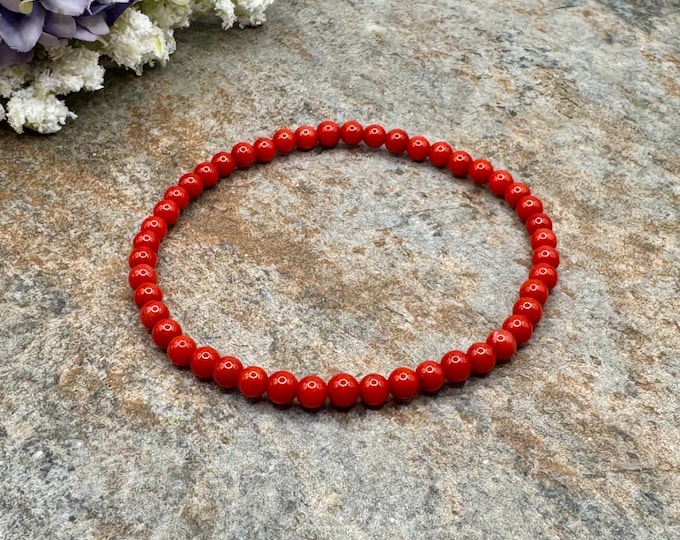 4mm Red Coral Beaded Bracelet - Unisex Stretch Fit, 7.5”