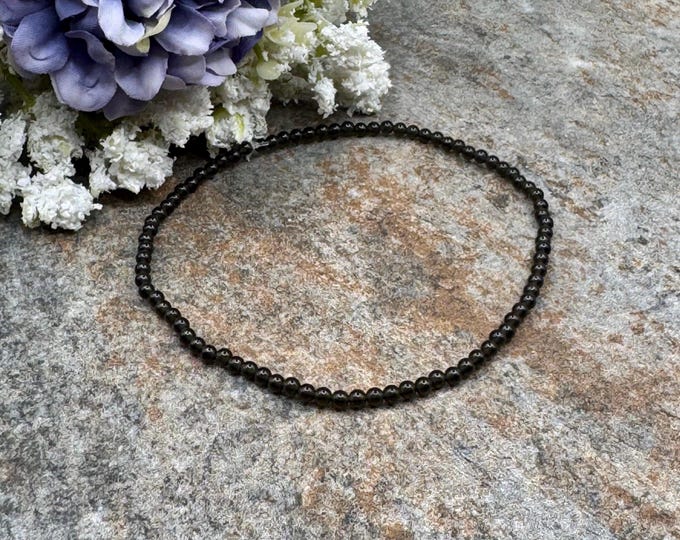 2mm Obsidian Crystal Bead Stretch Bracelet, 7.5", Black Gemstone Jewelry