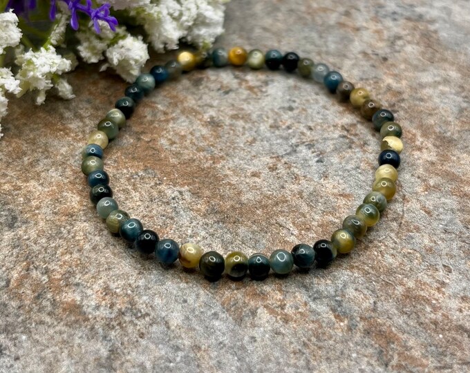 4mm Blue and Gold  Tigers Eye Crystal Bead Stretch Bracelet, 7.5", Unisex Gemstone Bracelet