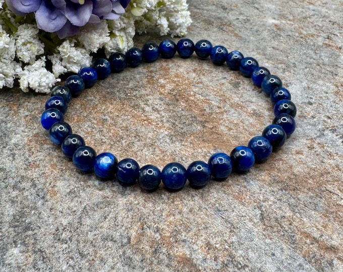 6mm Blue Kyanite Crystal Bead Bracelet - Unisex Gemstone Stretch Jewelry