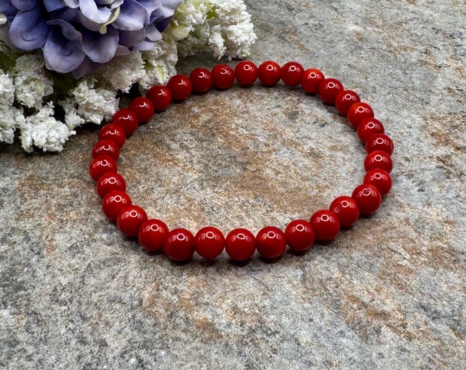 6mm Red Coral Beaded Bracelet - Unisex Stretch Fit, 7.5”