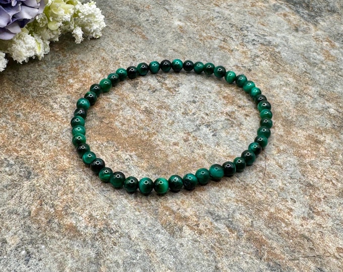 4mm Green Tiger Eye Crystal Bead Stretch Bracelet, 7.5", Handmade, Sizeable Jewelry