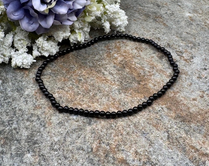 2mm Onyx Crystal Bead Stretch Bracelet,7.5", Unisex Black Gemstone Jewelry