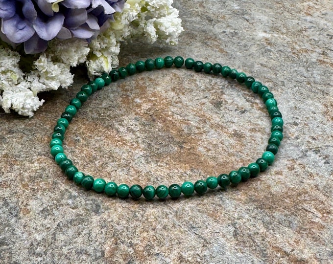 3mm Genuine Malachite Crystal Bead Bracelet, Stretch Fit 7.5"