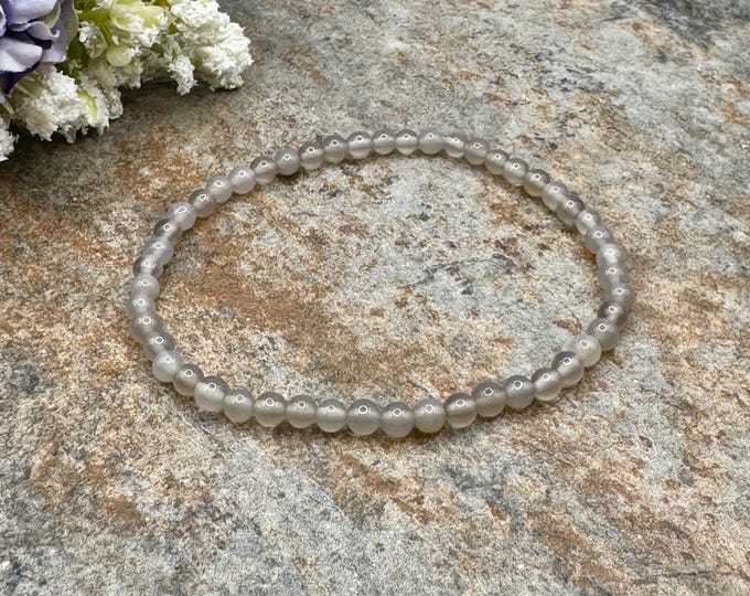 4mm Grey Chalcedony Crystal Bead Bracelet, Unisex Gemstone Stretch Bracelet 7.5"