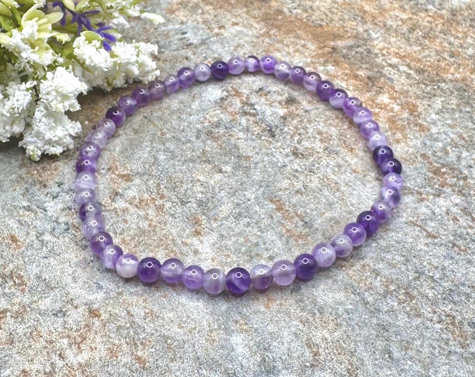 4mm Chevron Amethyst Crystal Bead Stretch Bracelet, 7.5”, Sizable Purple Jewelry