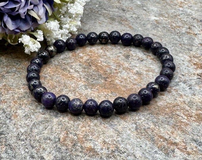 6mm Purple Pyrite Bead Bracelet: Handcrafted Crystal Jewelry, 7.5"
