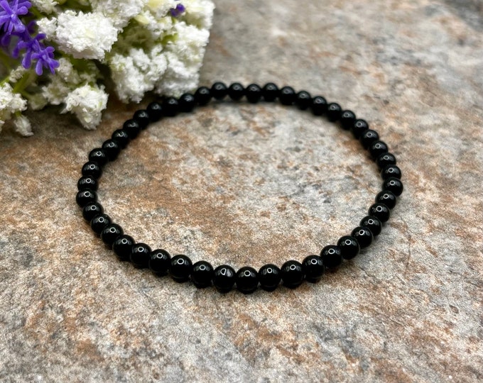 4mm Onyx Crystal Bead Bracelet- Classic Stretch Design - Sizable Unisex Bracelet, 7.5"
