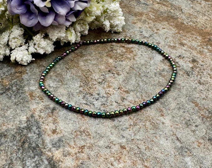2mm Rainbow Hematite Crystal Stretch Bead Bracelet, 7.5", Faceted Unisex Jewelry
