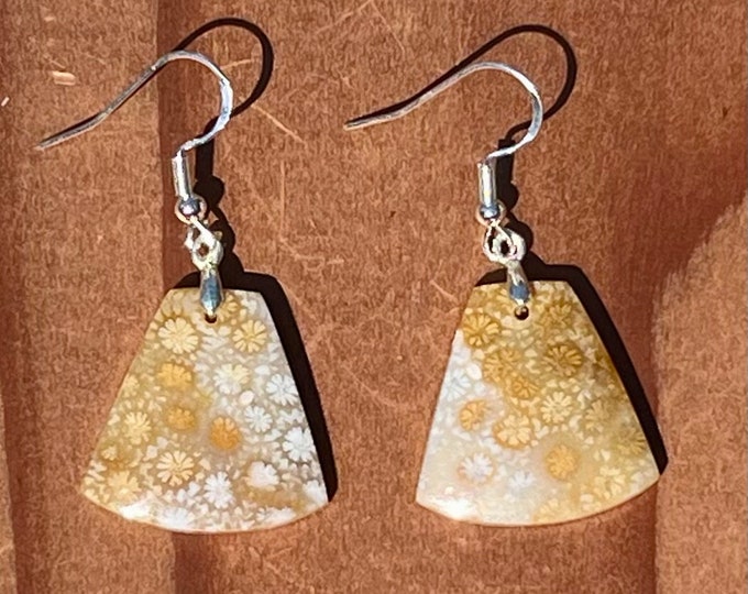 Tan Coral Fossil Trapezoid Earrings - Sterling Silver Ear Hooks - Unique Artisan-Crafted Agatized Coral Jewelry