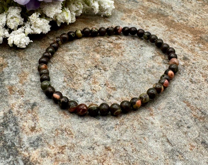4mm Plum Blossom Jasper Bracelet, Gemstone Stretch Bracelet, 7.5”