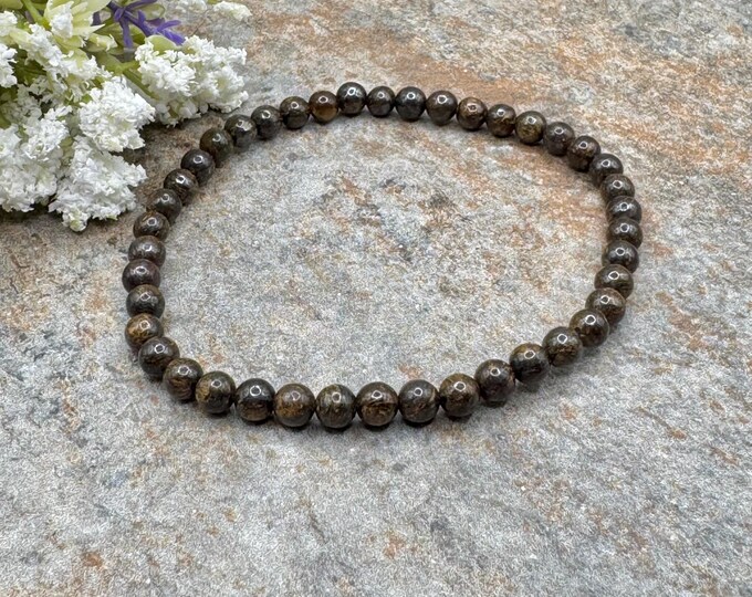 4mm Bronzite Crystal Bead Stretch Bracelet, 7.5”, Brown and Bronze Gemstones
