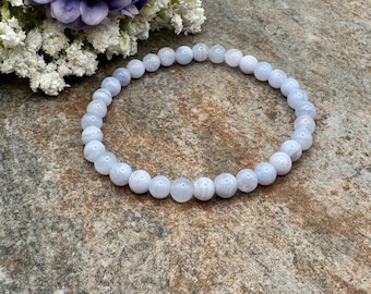 6mm Blue Lace Agate Crystal Bead Bracelet, Unisex Gemstone Stretch Bracelet, 7.5”