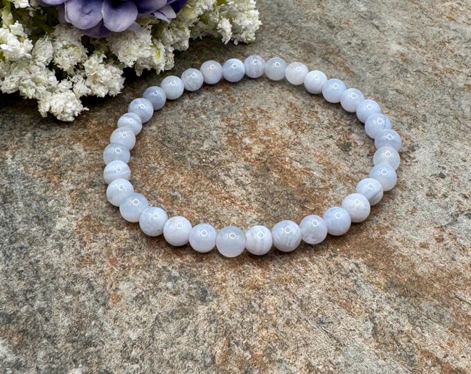 6mm Blue Lace Agate Crystal Bead Bracelet, Unisex Gemstone Stretch Bracelet, 7.5”