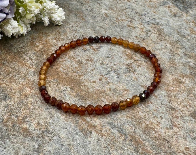 4mm Hessonite Garnet Faceted Crystal Bead Stretch Bracelet, 7.5", Brown-Orange Ombre Jewelry