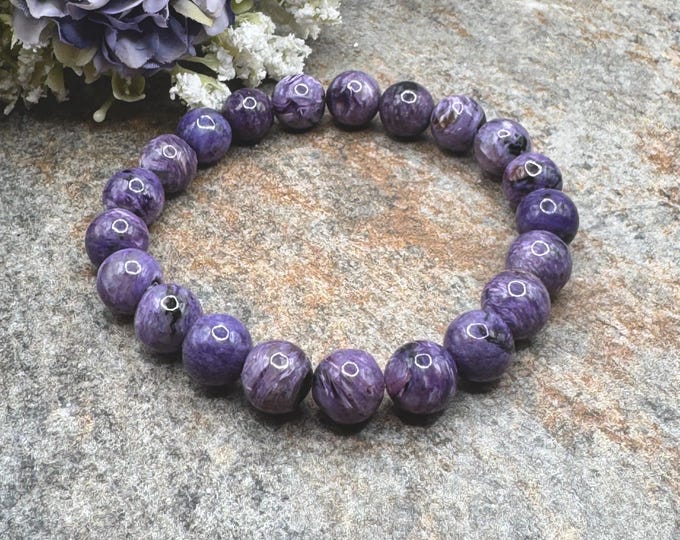 9mm Charoite Crystal Stretch Bracelet – Rare Purple Gemstone, 7.5"