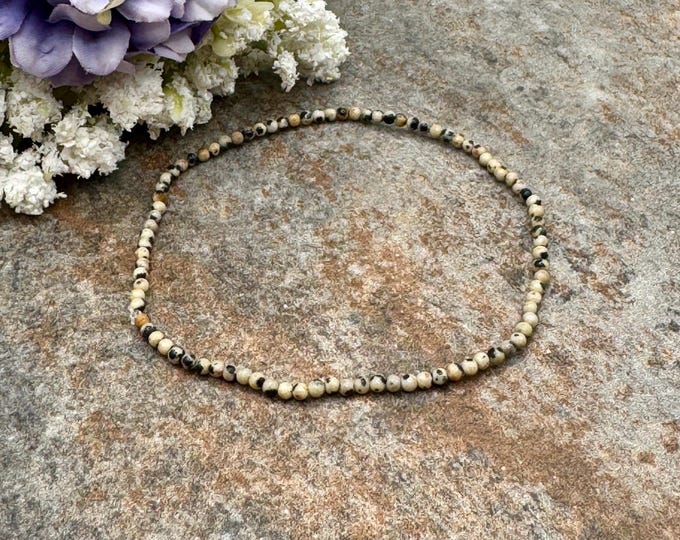 Dalmatian Jasper 2mm Crystal Bead Bracelet, 7.5”, Handmade Jewelry for Men and Women