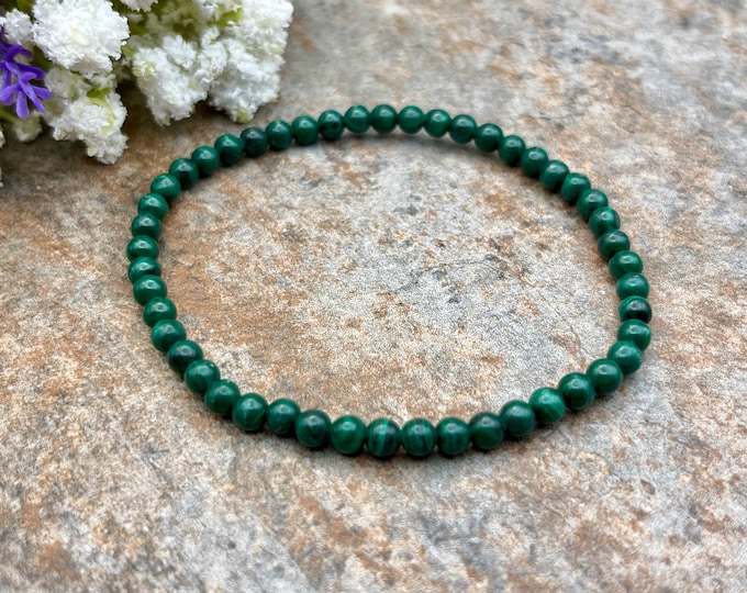 4mm Genuine Malachite Crystal Bead Stretch Bracelet, 7.5”, Banded Green Gemstones