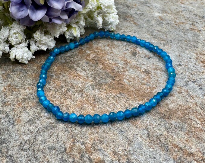3mm Blue Apatite Crystal Bead Bracelet: Teal Faceted Gemstone, Stretchy Unisex Design
