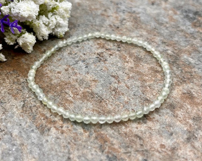 3mm Faceted Prehnite Crystal Stretch Bracelet, Pastel Green Gemstone, 7.5”