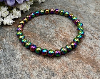 6mm Rainbow Hematite Crystal Bead Bracelet, 7.5", Sizable Unisex Jewelry