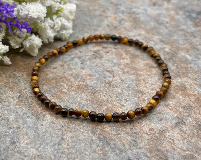 3mm Tiger Eye Crystal Bead Bracelet, 7.5",  Golden Brown Gemstone