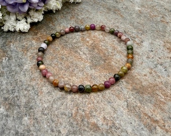 4mm Rainbow Tourmaline Crystal Bead Stretch Bracelet, 7.5” Multicolor Gemstone Jewelry