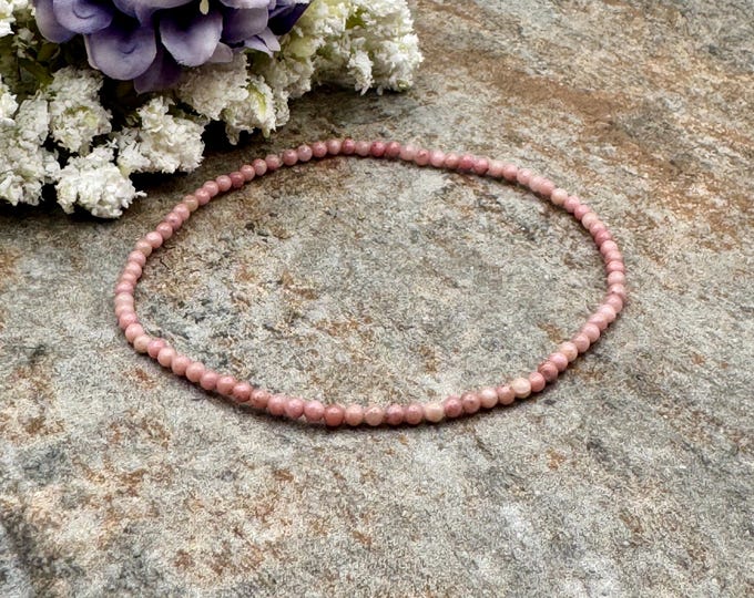 Pink Rhodonite Crystal Beaded Stretch Bracelet 7.5” - Unisex 2mm Gemstone Jewelry