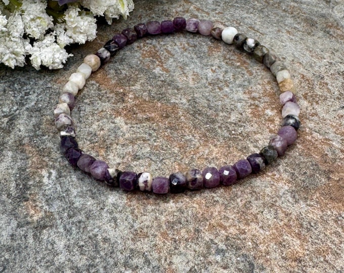 4mm Sugilite Crystal Bead Bracelet: Purple Faceted Cube Gemstone, 7.5" Stretch Fit