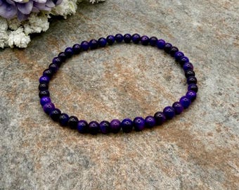 4mm Purple Tigers Eye Crystal Bead Stretch Bracelet, 7.5” Purple Gemstone Jewelry