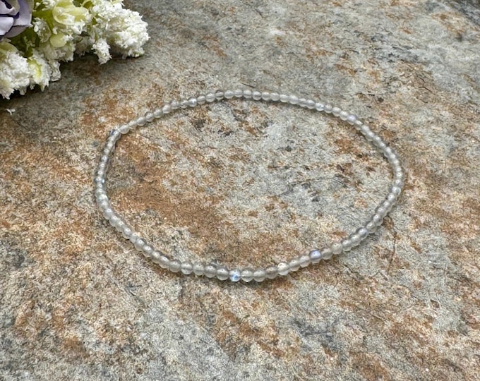 2mm Labradorite Crystal Bead Stretch Bracelet, 7.5”, Sizable Unisex Jewelry