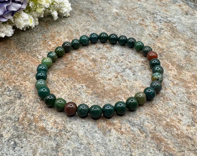 6mm Bloodstone Crystal Beaded Stretch Bracelet, 7.5” Unisex Heliotrope Jewelry