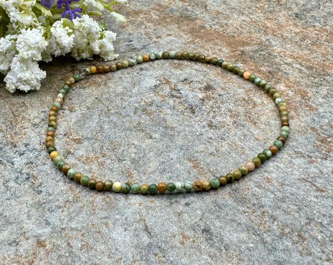 2mm Rhyolite Crystal Bead Bracelet, Earthy Green Brown Stretch Jewelry, 7.5"