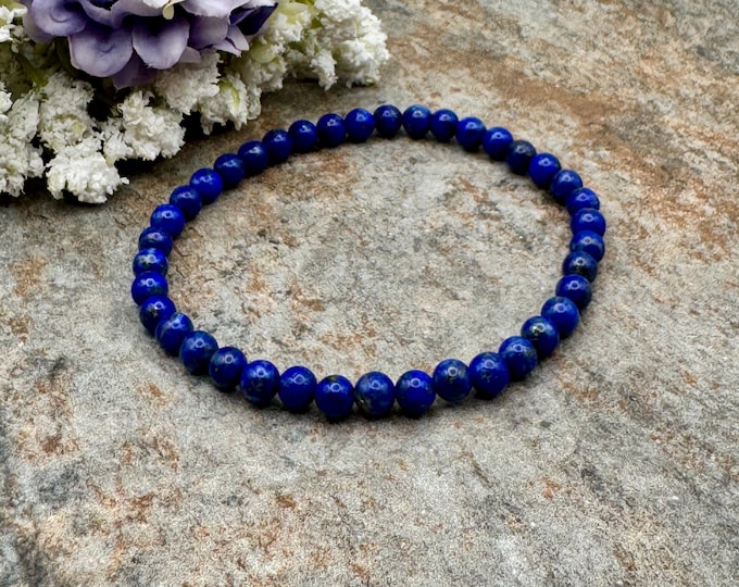 5mm Lapis Lazuli Beaded Stretch Bracelet, Blue Gemstone, 7.5"