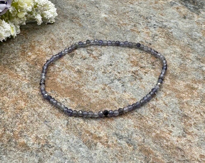 2mm Iolite Crystal Bead Stretch Bracelet, 7.5”, Faceted Indigo  Jewelry